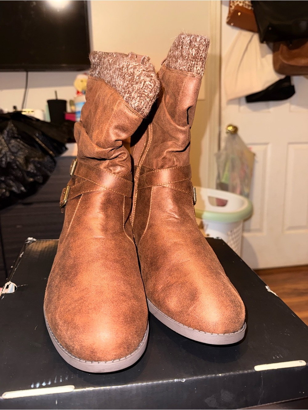 torrid Brown Faux-Suede Ankle Boots with Knit Cuff